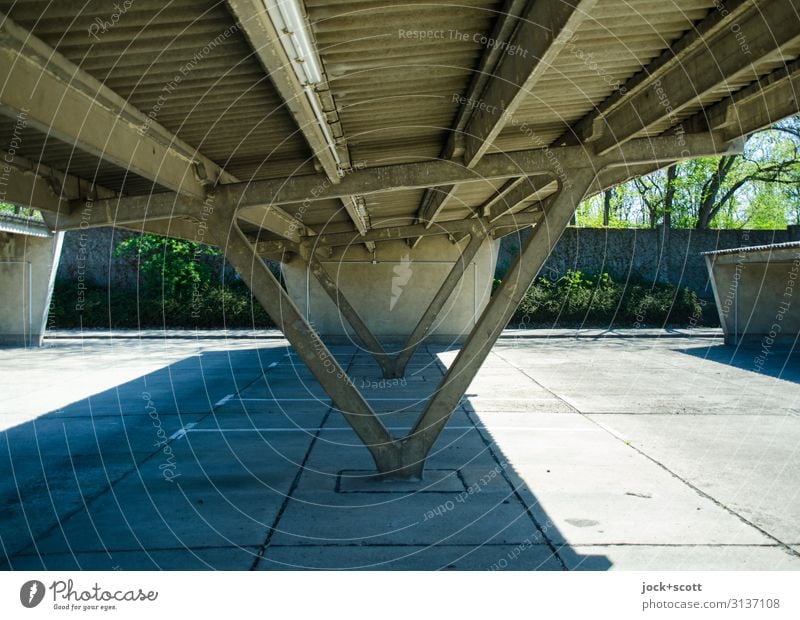 shelter GDR Marzahn Roof Parking lot Parking space Prop Pole Concrete slab Authentic Free Hideous Retro Gloomy Protection Arrangement Past Ravages of time