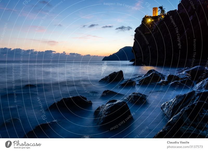 Rocky Coastline at Dusk, Vernazza, Cinque Terre Nature Landscape Sunrise Sunset Summer Mountain Mediterranean Italy Fishing village Moody Peaceful Mysterious