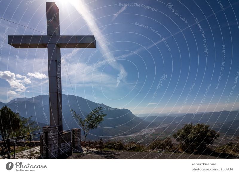 Summit cross in front of blue sky Vacation & Travel Summer Mountain Hiking Weather Beautiful weather Hill pindos Peak Belief Humble Religion and faith Grief