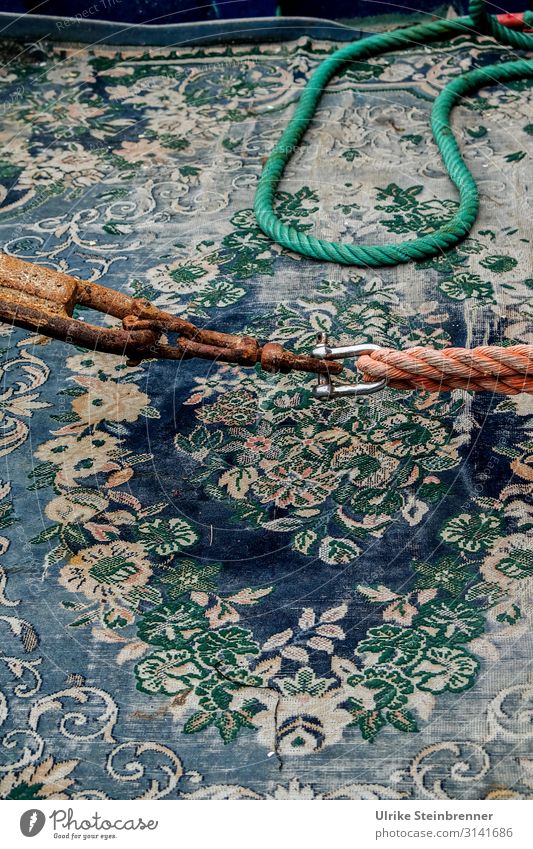 Old carpet on fishing boat with rope Fishing boat boat deck Carpet old carpet Dew Rope shackle Connection Maritime Harbour Navigation fishing cutter Watercraft