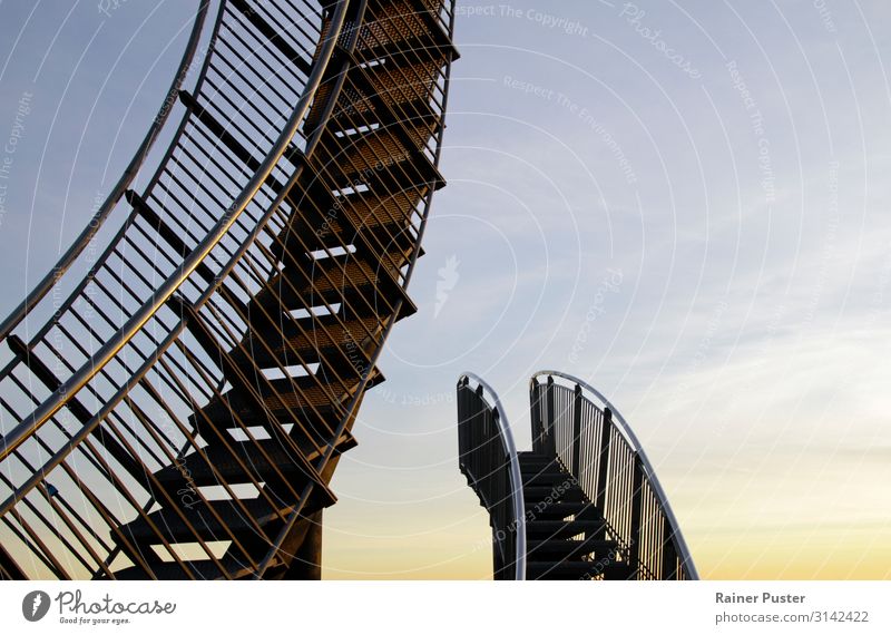 Steel stairs in front of a clear sky Career Success Sky Cloudless sky Duisburg Outskirts Stairs Tourist Attraction Landmark Monument Brown Yellow Endurance