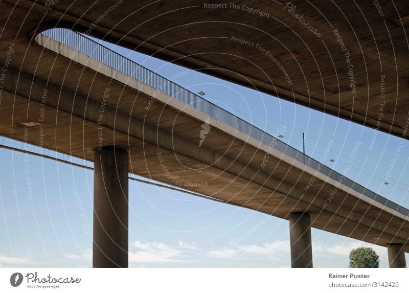 Urban forms - Hochstrasse in Düsseldorf Sky Duesseldorf Town Deserted Street Crossroads Overpass Bridge Blue Brown Mobility Lanes & trails Colour photo