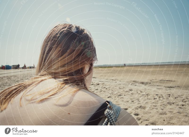 view over the shoulder of a young girl into the vastness of the north sea coast at low tide hair Shoulder Back Youth (Young adults) Head Beach Ocean Coast Sand