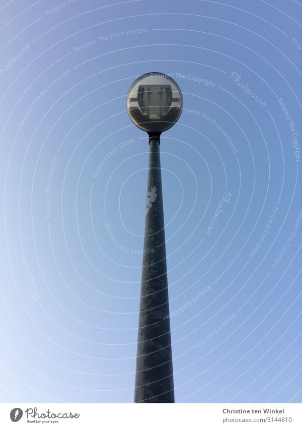 Streetlamp from below in front of a blue sky Environment Sky Cloudless sky Beautiful weather Lamp post Street lighting Metal Esthetic Exceptional Tall Long Near