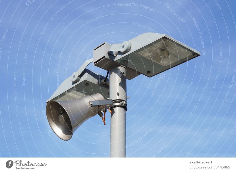 Lantern with loudspeaker Lamp post Safety Surveillance Street lighting Floodlight Megaphone Sky Loudspeaker Siren Colour photo Exterior shot Detail Deserted