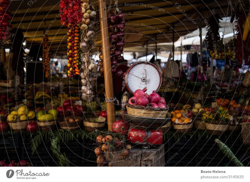 Tempting delicacies 7 Markets Vegetable Market stall fruit onions Garlic Fruit- or Vegetable stall Organic produce Healthy Delicious Deserted Scale