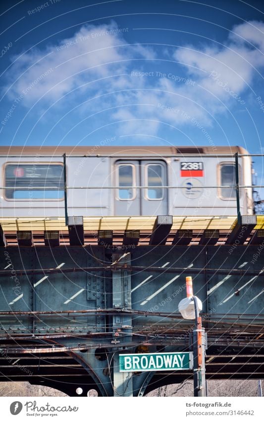 New York Subway on Broadway Sky Clouds New York City Downtown Deserted Bridge Manmade structures Transport Means of transport Traffic infrastructure