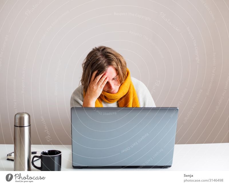 woman with yellow scarf and headache at work, flu season Office work Feminine Woman Adults Life 45 - 60 years Thermos coffee pot Cup Computer Scarf Yellow