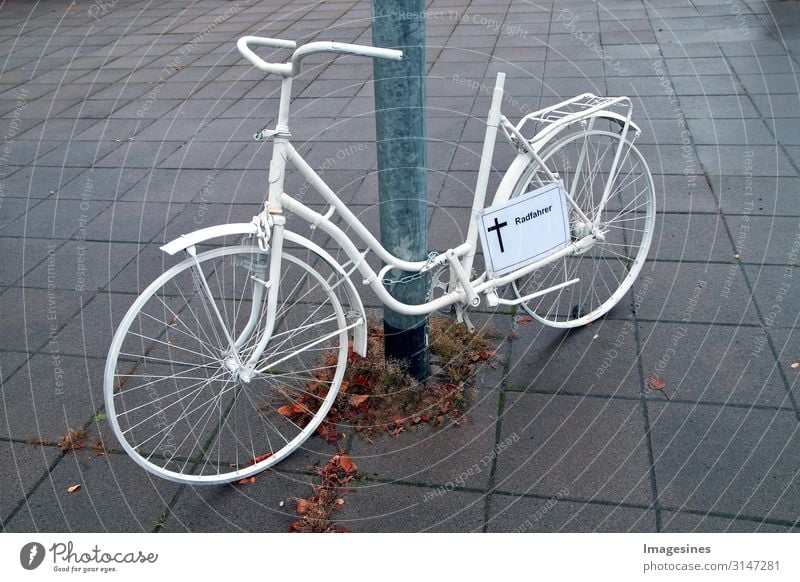 Ghost bike - cyclist run over Bicycle Death Ways of dying ghost bike Broken Athletic Gloomy Anger White Loyal Compassion Solidarity To console Responsibility