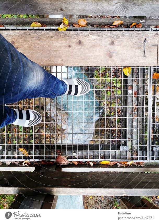 Looking into the depths Human being Feminine Woman Adults Legs 1 Environment Nature Elements Water Autumn River Bright Wet Natural Blue Jeans Footwear Grating