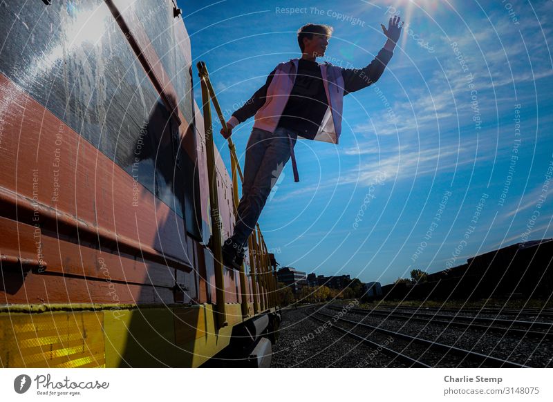 Train wave Human being Masculine Boy (child) Young man Youth (Young adults) 1 13 - 18 years Rail transport Railroad Engines Happy Colour photo Multicoloured