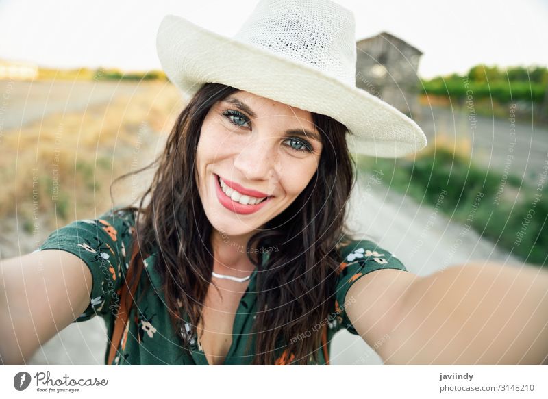 Beautiful hiker young woman, wearing flowered shirt, Lifestyle Happy Vacation & Travel Summer Hiking Telephone PDA Camera Human being Feminine Young woman