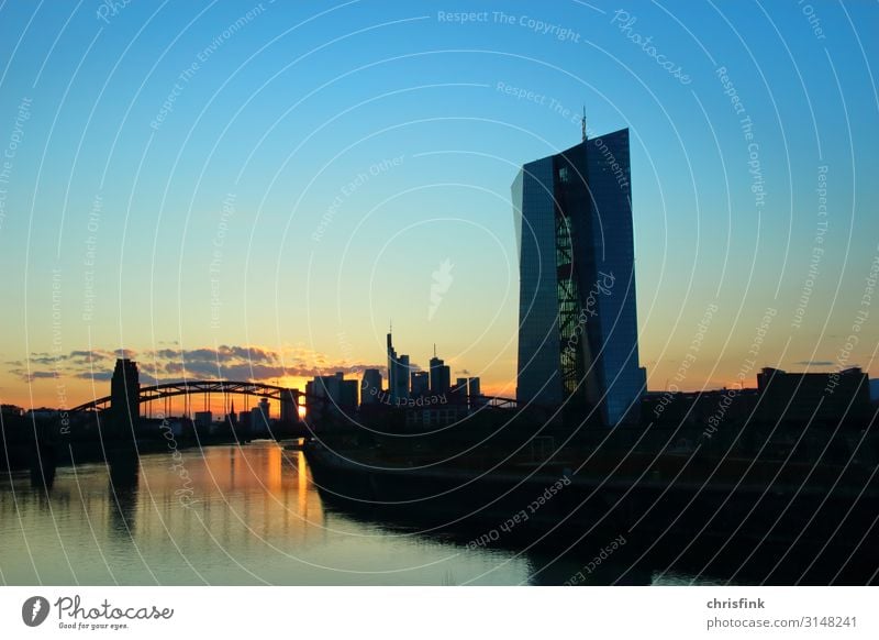 ECB Frankfurt Sunset Art Landscape Town Skyline High-rise Building Architecture Blue Orange Poverty Belief Religion and faith Luxury European Central Bank