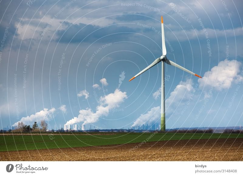 Wind turbine, angular power plant, lignite-fired power plant in the background, coal-fired power plant Energy industry Renewable energy Wind energy plant