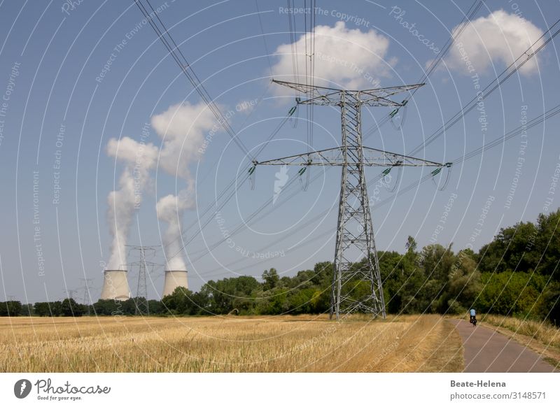 Power requirements: High voltage line in front of two cooling towers Landscape High-power current electricity Energy industry Transmission lines Clouds