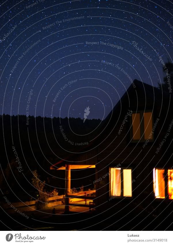 Hut on the hill and a sky full of stars Landscape Night sky Stars Hill Village Terrace Fantastic Good Beautiful Blue Orange Black Elegant Relaxation Creativity