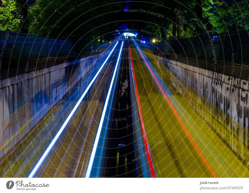 Bar & Tempo Ramp Rail transport Underground Railroad tracks Strip of light Driving Speed Mobility Network Tracer path Night light Schönhauser Allee