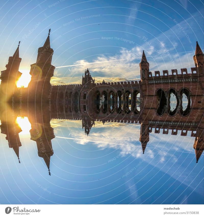 Oberbaum Bridge Sunrise Sunset Sunlight Climate Beautiful weather Berlin Town Capital city Skyline Church Tower Gate Manmade structures Building Architecture