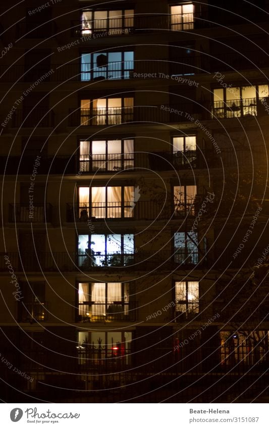 Closing time in Paris High-rise evening hour Lighting at home Flat (apartment) drapes Living or residing Window Night Building Facade Exterior shot Insight