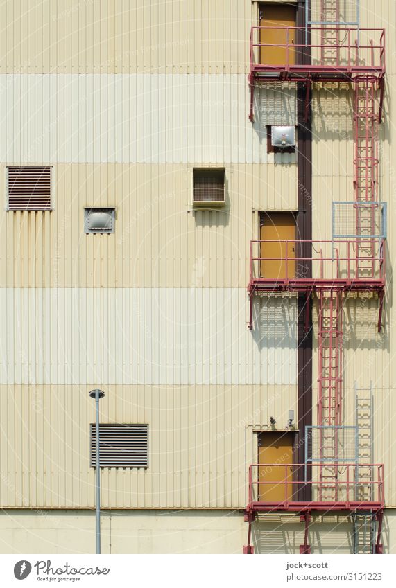 This way. Industry Industrial plant Wall (building) door Ladder Platform Emergency exit Vent slot rail Metal Authentic Brown Lanes & trails Shadow play