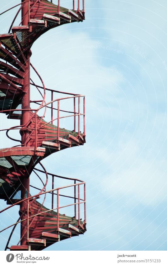 Bottom to top with spiral staircase Sky Clouds Winding staircase Banister Metal Spiral Red Safety Quality Symmetry Lanes & trails Level Pecking order Vertical