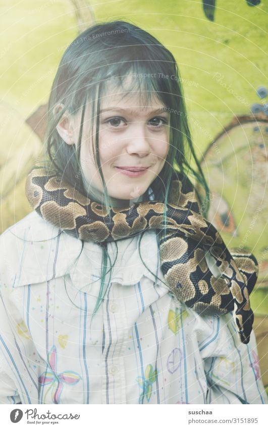 snake charmer Child Girl Snake Birthday Carnival Costume Reptiles reptilium Exotic exotic animal Animal poisonous snake Poison Dangerous Brave Fear Caution