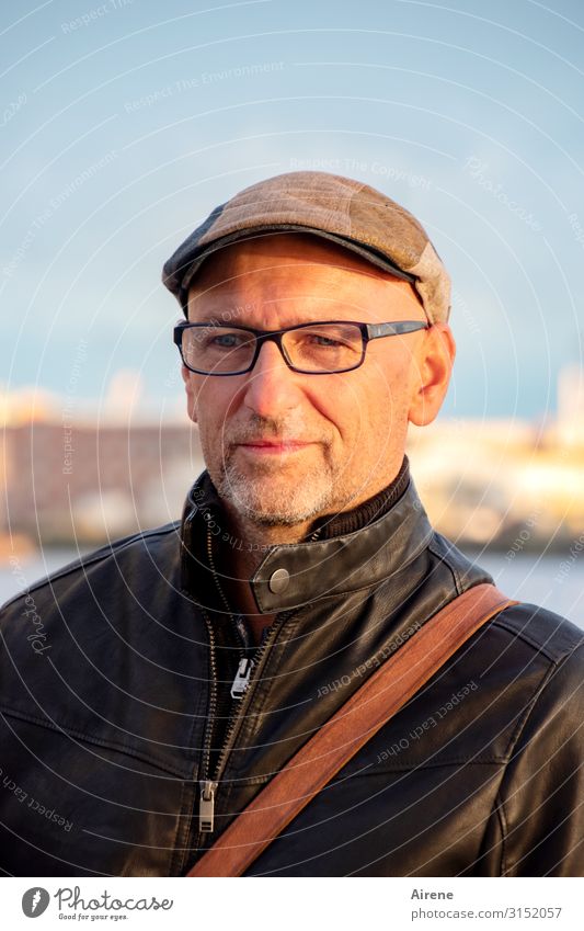 with himself | UT Hamburg Man Adults Upper body 1 Human being 45 - 60 years Beautiful weather Port City Jacket Leather Eyeglasses Cap Esthetic Friendliness