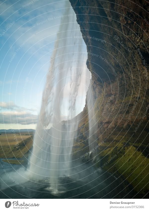 View behind a waterfall on Iceland Vacation & Travel Tourism Sightseeing Summer Environment Nature Landscape Water Climate Beautiful weather Waterfall Power