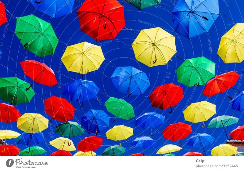 Colorful umbrellas Style Beautiful Sun Decoration Art Sky Weather Rain Street To swing Good Bright Blue Yellow Green Protection Colour colorful Rainbow overhead