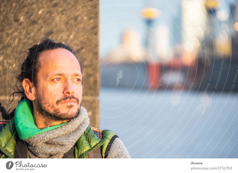 Seamen's look | UT Hamburg Masculine Man Adults Head Upper body 1 Human being 30 - 45 years Port of Hamburg Harbour Scarf Observe Wait Friendliness Longing