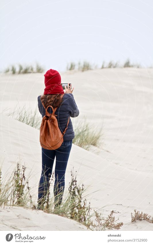 Beach photographer mobile phone Cellphone Human being Feminine Young woman Youth (Young adults) Woman Adults 1 30 - 45 years Climate Coast North Sea Dune