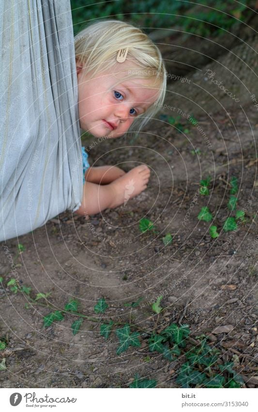 Toddler looks out of a swing, in nature Playing Vacation & Travel Garden Human being Feminine Child girl Infancy Nature Earth Plant Observe Movement Relaxation