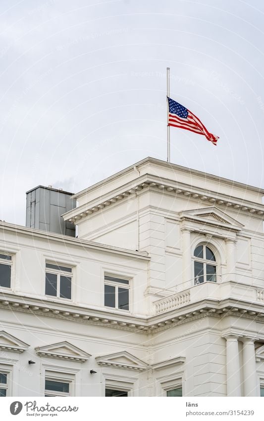 US flag at half mast Hamburg Europe Town House (Residential Structure) Manmade structures Building Communicate Grief Flags at half mast American Flag Consulate