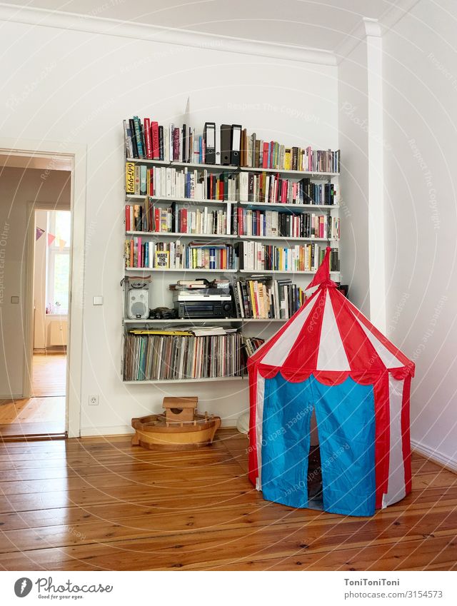 habitation Playing Living or residing Flat (apartment) Decoration Living room Book "Living room," Tent Bookshelf dieter rams Colour photo Interior shot Deserted