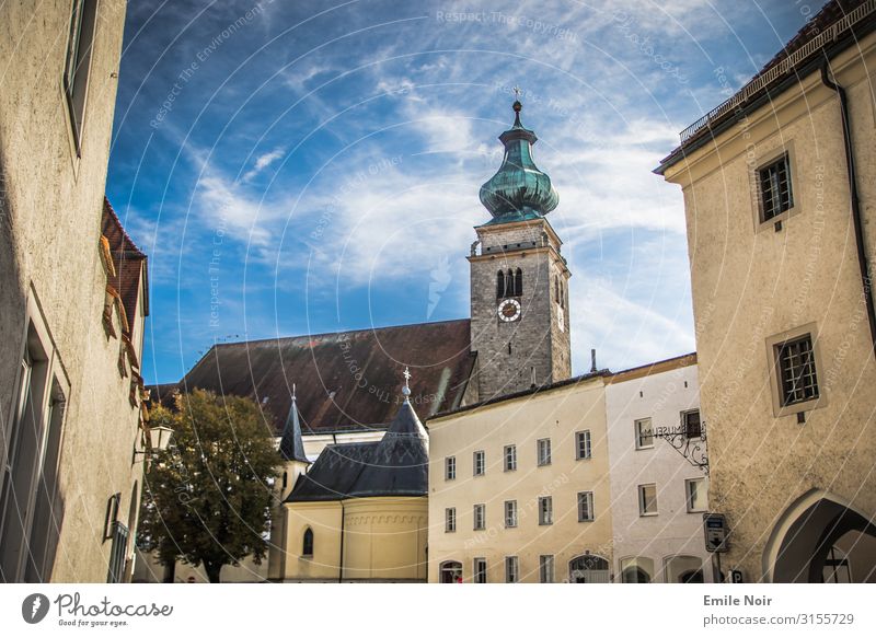 Leave the church in Mühldorf mill village Germany Village Old town Church Vacation & Travel Inn Church spire Colour photo Exterior shot Day