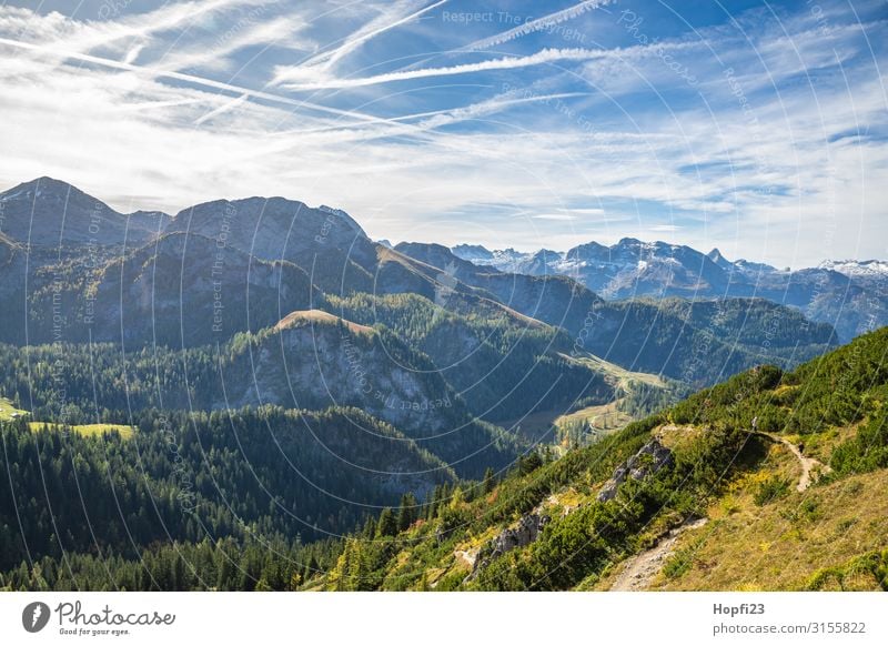 Alps in the Berchtesgaden region Environment Nature Landscape Plant Sky Clouds Sun Autumn Beautiful weather Tree Grass Forest Rock Mountain Peak Snowcapped peak