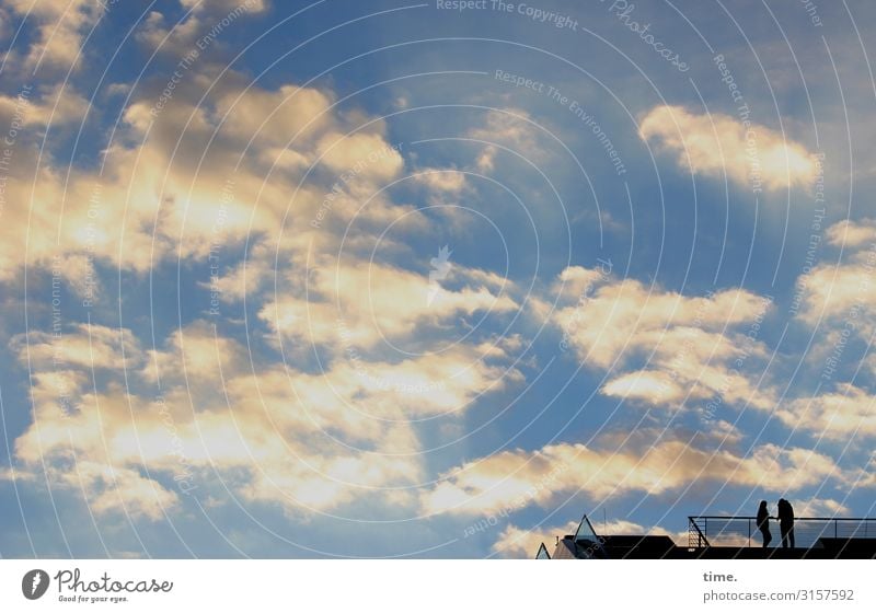 The sky above the docklands | farsighted Human being 2 Sky Clouds Beautiful weather Hamburg Manmade structures Architecture Handrail Roof Concrete Glass Stand