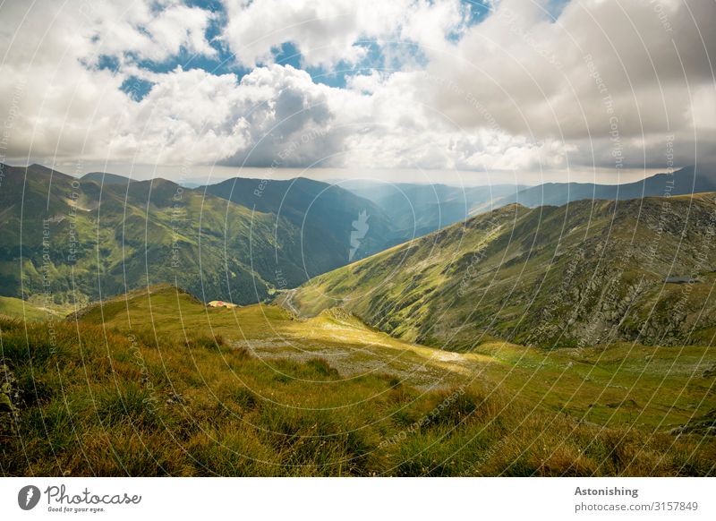 Southern Carpathians Environment Nature Landscape Plant Sky Clouds Horizon Summer Weather Beautiful weather Grass Bushes Forest Alps Mountain Peak Canyon