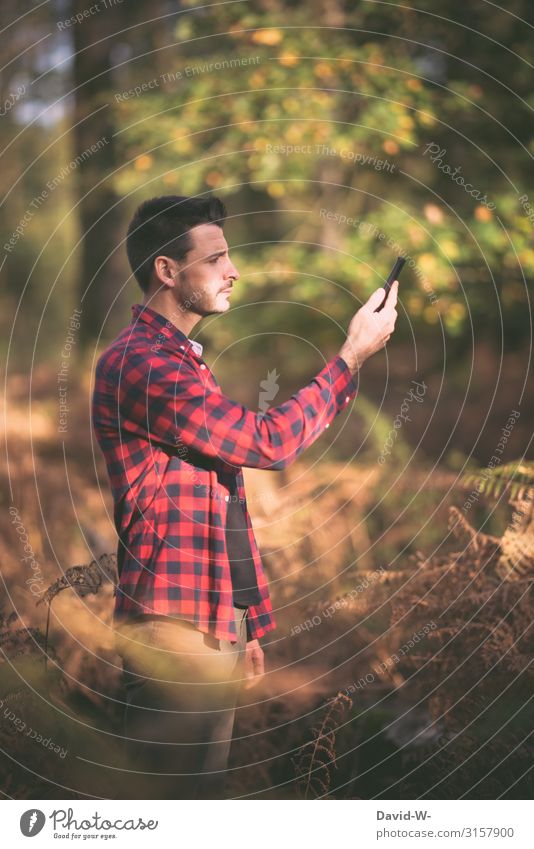 Man in nature in search of mobile phone reception Cellphone supplier Receive problems Forest Net network coverage frustrated Technology