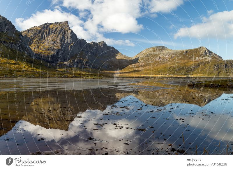 Mountains and sea Vacation & Travel Environment Nature Landscape Sky Beautiful weather Fjord Norway Vacation in Norway Scandinavia Lofotes Nordland Symmetry