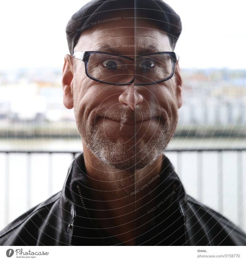 Mirror Games (II) Masculine Man Adults 1 Human being Hamburg Port City Skyline Handrail Jacket Eyeglasses Cap Designer stubble Observe Smiling Looking Creepy