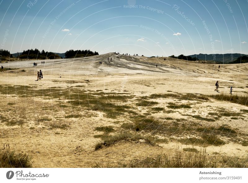 mud volcano Human being Body Environment Nature Landscape Earth Sky Horizon Summer Beautiful weather Drought Grass Bushes Hill Volcano Norosiosi Berca Romania