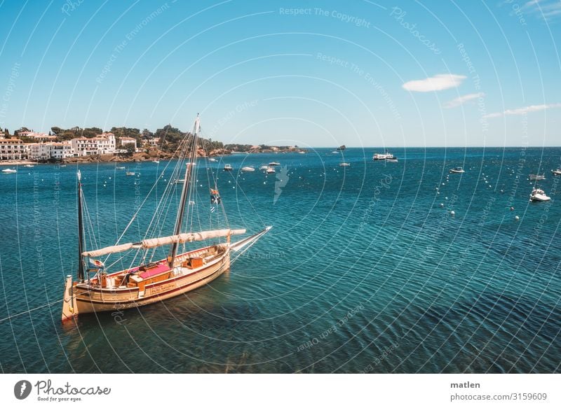 Set sail Landscape Sky Cloudless sky Horizon Spring Beautiful weather Hill Rock Coast Bay Ocean Village Navigation Fishing boat Sport boats Sailboat