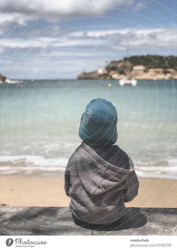 The young man and the sea - wanderlust longing holiday view Lifestyle Exotic Child Toddler Environment Nature Landscape Waves Coast Beach Ocean Sit Wait