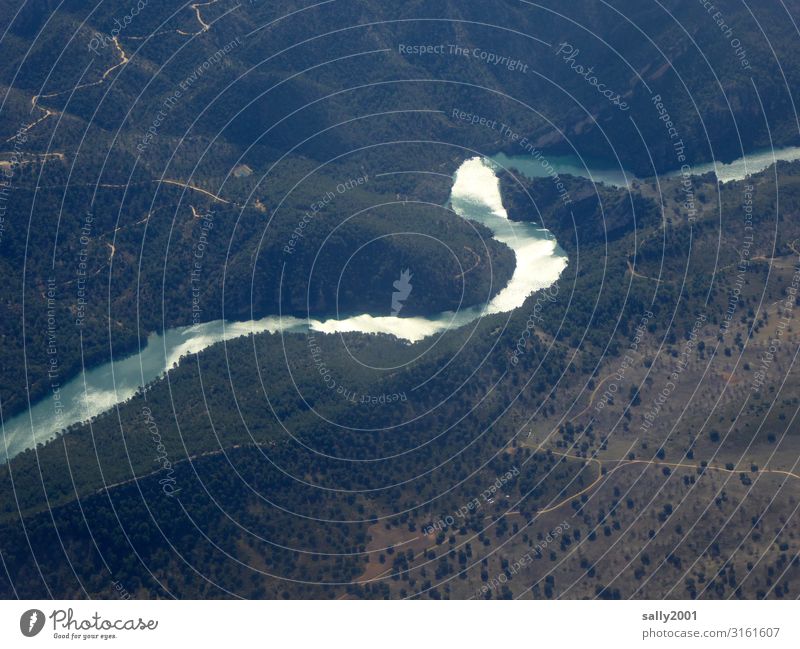 riparian River River course Nature Riverbed Forest Bird's-eye view Landscape View from the airplane Sunlight Reflection Light Reflection Mountain untreated