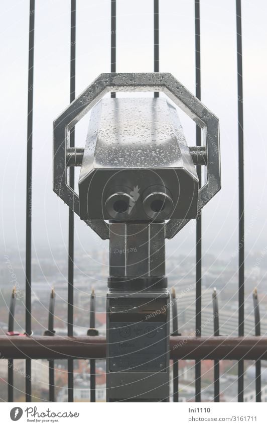 Far View | UT Hamburg Air Sky Autumn Bad weather Fog Port City Deserted Binoculars Telescope Glass Metal Gray Black Grating Shroud of fog Drops of water