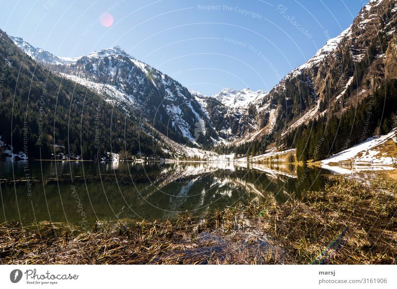 The Styrian Lake Constance with mountains and their reflection Wide angle Deep depth of field Back-light Sunbeam Sunlight Contrast Shadow Light Day Morning