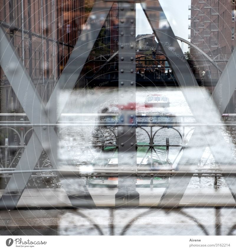 of bridges and boats | UT Hamburg Sightseeing Old warehouse district Port City Bridge Facade Waterway Boating trip Harbour Bridge railing Metal Steel Driving