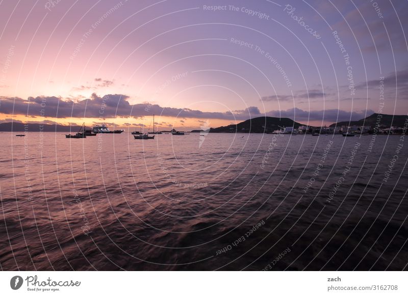 early riser Landscape Water Sky Clouds Sunrise Sunset Hill Coast Ocean Mediterranean sea Aegean Sea Island Milos Cyclades Greece Fishing boat Rowboat Harbour