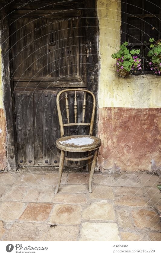 Old abandoned wooden chair Style Design House (Residential Structure) Furniture Chair Building Stone Wood Rust Sit Dirty Dark Natural Retro Brown Loneliness